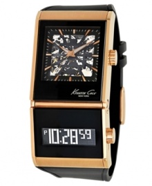 Classically futuristic timepiece from the always on-trend Kenneth Cole New York. Crafted of black polyurethane strap and rectangular rose-gold ion-plated stainless steel case. Dual black dial features analog display at top with black skeleton dial, rose-gold tone stick indices, minute track, luminous hands and logo. Bottom dial features a negative digital display. Automatic and digital movement. Water resistant to 30 meters. Limited lifetime warranty.