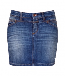 Add a stylish kick to your casual staples with this chic denim mini-skirt from Closed - Flat front with belt loops, off-seam slant pockets, back patch pockets, mini-length, slightly distressed denim - Wear with an oversized tee, a boyfriend blazer, and high heel pumps