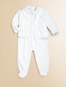 A pure, simple cotton knit is transformed into this adorable coverall with pleated detailing along the neck and a sweet embroidered captain's wheel at the chest.Woven collar with link-stitched detailingLong sleevesButton frontBack snap closureBottom snaps for easy on and offPleated neckline detailPima cottonMachine washImported Please note: Number of buttons/snaps may vary depending on size ordered. A pure, simple cotton knit is transformed into this adorable coverall with pleated detailing along the neck and a sweet embroidered captain's wheel at the chest.Woven collar with link-stitched detailingLong sleevesButton frontBack snap closureBottom snaps for easy on and offPleated neckline detailPima cottonMachine washImported Please note: Number of buttons/snaps may vary depending on size ordered.