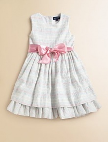 A charmingly traditional dress in multi-striped cotton seersucker has a pretty, full skirt with a petticoat and ribbon sash.ScoopneckSleevelessBack buttonsGathered empire waist with sash tieFull skirt with ruffled petticoatRuffled hemFully linedCottonMachine washImported Please note: Number of buttons may vary depending on size ordered. A charmingly traditional dress in multi-striped cotton seersucker has a pretty, full skirt with a petticoat and ribbon sash.ScoopneckSleevelessBack buttonsGathered empire waist with sash tieFull skirt with ruffled petticoatRuffled hemFully linedCottonMachine washImported Please note: Number of buttons may vary depending on size ordered.
