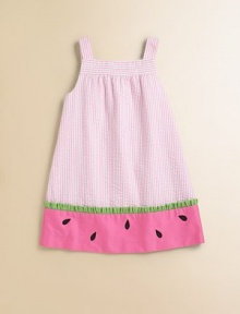 A darling seersucker dress with watermelon appliqué adds to her sweeetness.Square necklineSleevelessBack shoulder buttonsCottonMachine washImported A darling seersucker dress with watermelon appliqué adds to her sweeetness.Square necklineSleevelessBack shoulder buttonsCottonMachine washImported