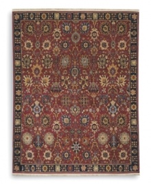 A long runner that is ideal for hallways and entryways. Evoking the charm of a country manor, the Cambridge rug features a floral and vine motif in a color palette that includes indigo, ivory, caramel, terra cotta and soft blues and greens against a rich red ground. Each color is specially dyed to achieve subtle shadings for a gentle antique finish. Woven in the USA of New Zealand premium worsted wool for indulgent softness.