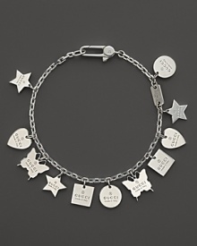 Hearts, stars,squares, circles and butterflies, in sterling silver and stamped with the Gucci logo, dangle from a dainty chain.