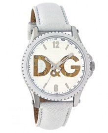 Revealing style. Watch by D&G crafted of white leather strap and round stainless steel case. Silver tone grid-patterned dial features numerals at twelve and six o'clock, stick indices, black minute track, three hands and gold tone logo cutout at center. Quartz movement. Water resistant to 50 meters. Two-year limited warranty. Revealing style. Watch by D&G crafted of white leather strap and round stainless steel case. Silver tone grid-patterned dial features numerals at twelve and six o'clock, stick indices, black minute track, three hands and gold tone logo cutout at center. Quartz movement. Water resistant to 50 meters. Two-year limited warranty.