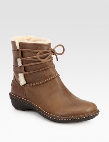 Long laces wrap-around this smooth leather boot, fully lined with genuine shearling for superior comfort. Rubber heel, 1½ (40mm)Rubber platform, ½ (15mm)Compares to a 1 heel (25mm)Shaft, 5¾Leg circumference, 12Leather upper with shearling trimShearling liningRubber solePadded insoleImported