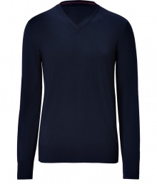 Must-have piece for fall, this classic navy v-neck pullover is a versatile favorite of the season - Made of pure wool for optimal warmth and comfort - Long, slender sleeves, small v-neck and moderately long hem - Looks great solo or as a laying piece - Pair with jeans and khakis for causal, polished looks Must-have piece for fall, this classic navy v-neck pullover is a versatile favorite of the season - Made of pure wool for optimal warmth and comfort - Long, slender sleeves, small v-neck and moderately long hem - Looks great solo or as a laying piece - Pair with jeans and khakis for causal, polished looks