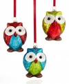 Three little birds add eye-popping color and shine to your tree in molded glass. A whimsical trio from Holiday Lane.