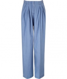 Edgy-cool light blue wide leg pants from See by Chloe - These pleat front pants bring downtown-ready style to refined daywear - High-waisted, pleated front detail, wide leg, back button tab detail - Wear with a form-fitting pullover, A-line wool coat, and lace up platform booties Edgy-cool light blue wide leg pants from See by Chloe - These pleat front pants bring downtown-ready style to refined daywear - High-waisted, pleated front detail, wide leg, back button tab detail - Wear with a form-fitting pullover, A-line wool coat, and lace up platform booties
