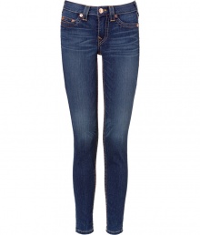 Elevate your go-to closet staples with these ultra-skinny jean leggings from True Religion - Five-pocket styling, logo detailed back pockets, slim fit, whiskering - Style with an oversized asymmetrical tee and embellished ballet flats