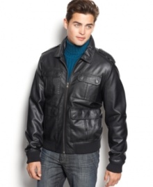 Take flight. This bomber jacket from Kenneth Cole Reaction soars with hip style.