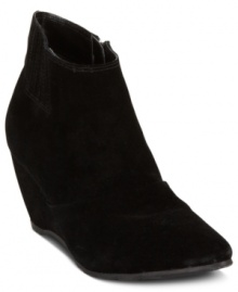 Short silhouettes in smooth suede finishes. Kenneth Cole's Pace First wedge booties have a small covered wedge and side zipper.