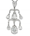 Make an entrance. All eyes on you with Kenneth Jay Lane's chandelier pendant featuring glittering teardrop-shaped crystals. Crafted in silvertone mixed metal. Approximate length: 18 inches. Approximate drop: 3-1/2 inches.