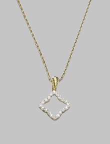 From the Cable Collectibles Collection. A diamond outlined in diamonds, set in 18k gold and connected to a graceful gold chain by a gold cable bale. Diamonds, 0.13 tcw 18k yellow gold Adjustable chain length, 16-18 Pendant width, about ½ Lobster clasp Imported From the Cable Collectibles Collection. A diamond outlined in diamonds, set in 18k gold and connected to a graceful gold chain by a gold cable bale. Diamonds, 0.13 tcw 18k yellow gold Adjustable chain length, 16-18 Pendant width, about ½ Lobster clasp Imported