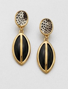 An almond-shaped resin drop accented with luxurious ring lizard inlays. ResinRing lizardGoldtoneDrop, about 1Clip-on backMade in USA An almond-shaped resin drop accented with luxurious ring lizard inlays. ResinRing lizardGoldtoneDrop, about 1Clip-on backMade in USA