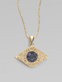 A protective evil eye, richly rendered diamonds and blue sapphires, hangs from a 14k yellow gold chain. Diamonds, 0.26 tcw Sapphires 14k yellow gold Chain length, about 16 Pendant width, about ¾ Claw clasp Imported A protective evil eye, richly rendered diamonds and blue sapphires, hangs from a 14k yellow gold chain. Diamonds, 0.26 tcw Sapphires 14k yellow gold Chain length, about 16 Pendant width, about ¾ Claw clasp Imported