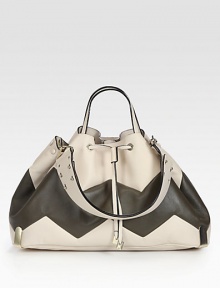 Two-tone leather carryall featuring a playful zigzag pattern and versatile shoulder strap. Double top handles, 6 dropDetachable shoulder strap, 21 dropLeather drawstring closureProtective metal feetDetachable inner zip pouchFully lined18W X 11H X 7DMade in Italy Two-tone leather carryall featuring a playful zigzag pattern and versatile shoulder strap. Double top handles, 6 dropDetachable shoulder strap, 21 dropLeather drawstring closureProtective metal feetDetachable inner zip pouchFully lined18W X 11H X 7DMade in Italy