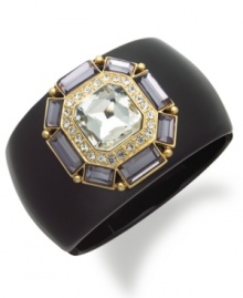 Become the center of attention with this radiant cuff bracelet from Charter Club. The black cuff is complemented by a decorative design of purple and clear glass accents. Crafted in gold tone mixed metal. Approximate diameter: 2-1/4 inches. Become the center of attention with this radiant cuff bracelet from Charter Club. The black cuff is complemented by a decorative design of purple and clear glass accents. Crafted in gold tone mixed metal. Approximate diameter: 2-1/4 inches.