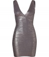 Make a striking statement at your next evening event in this glamorous metallic Bandage dress from Herv? L?ger - V-neckline, thick straps, d?colletage-enhancing at bust, bandage style with figure-hugging multi-panels, concealed back zip closure - Extra form-fitting - Style with metallic platform pumps and a jet black clutch