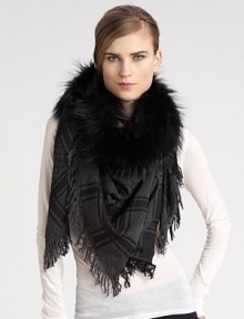 Wool/silk GG pattern shawl with fox fur trim. About 45¼ X 49¼ Fox fur 70% wool/30% silk; dry clean Made in Italy Fur origin: Finland Wool/silk GG pattern shawl with fox fur trim. About 45¼ X 49¼ Fox fur 70% wool/30% silk; dry clean Made in Italy Fur origin: Finland