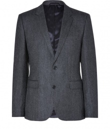 Streamline your look with an edge of immaculate tailoring in Hugos soft dark grey virgin wool blazer - Notched lapel, long sleeves, buttoned cuffs, double buttoned front, front flap pockets, back vent - Modern tailored fit - Team with shirts and favorite jeans, or with matching trousers and sleek brogues