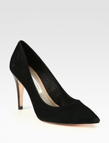 A shiny patent leather heel completes this timeless point toe silhouette of butter-soft suede. Patent leather heel, 3¾ (95mm)Suede upperPoint toeLeather lining and solePadded insoleImported A shiny patent leather heel completes this timeless point toe silhouette of butter-soft suede. Patent leather heel, 3¾ (95mm)Suede upperPoint toeLeather lining and solePadded insoleImported