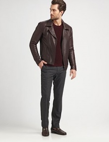 This supple lambskin leather jacket is the ideal representation of modern style. Notched collarFront zipperZipper slash pocketsAbout 25 from shoulder to hemLambskin leatherDry cleanImported This supple lambskin leather jacket is the ideal representation of modern style. Notched collarFront zipperZipper slash pocketsAbout 25 from shoulder to hemLambskin leatherDry cleanImported
