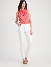 The new classic, a well-tailored design with an undeniably feminine air, thanks to a removable bow and flattering Princess seams. Gathered detail at stand collarSleevelessHidden button placketRemovable bowPrincess seamsAbout 24 from shoulder to hem72% cotton/23% polyamide/5% Lycra®Machine washImported of Italian fabric Model shown is 5'10 (177cm) wearing US size 4. The new classic, a well-tailored design with an undeniably feminine air, thanks to a removable bow and flattering Princess seams. Gathered detail at stand collarSleevelessHidden button placketRemovable bowPrincess seamsAbout 24 from shoulder to hem72% cotton/23% polyamide/5% Lycra®Machine washImported of Italian fabric Model shown is 5'10 (177cm) wearing US size 4.