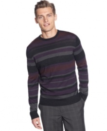 On the go and can't decide what to wear? This mellow multi-tone merino colored striped sweater by Calvin Klein goes well with jeans or slacks.