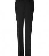 Streamlined and sleek, these classic wool pants from Baldessarini bring elegant appeal to any ensemble - Flat front with button tab, belt loops, off-seam pockets, back welt pockets with buttons, straight leg with crease details - Style with a matching blazer or a cashmere pullover and a leather jacket