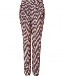 Printed pants are a fashion-favorite must, and By Malene Birgers optical zig-zag pair are an ultra cool choice - Pleated front, side and back slit pockets, elasticized waistline - Easy tapered fit - Team with silk tees and chic ballerinas