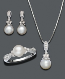 A gift to take her breath away. Luminous cultured freshwater pearl (6-1/2 - 8 mm) are perfectly complemented by brilliant round-cut diamond (3/8 ct. t.w.). Approximate necklace length: 18 inches. Approximate pendant drop: 3/4 inch. Approximate earring drop: 3/4 inch. Ring size: 7. A gift to take her breath away. Luminous cultured freshwater pearl (6-1/2 - 8 mm) are perfectly complemented by brilliant round-cut diamond (3/8 ct. t.w.). Approximate necklace length: 18 inches. Approximate pendant drop: 3/4 inch. Approximate earring drop: 3/4 inch. Ring size: 7.