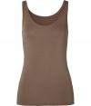 Stylish tank top in fine, light brown viscose stretch blend - Sumptuously soft and lightweight - Scoop neck and medium-width straps - Long and lean silhouette - Slim cut, hits below the hip - Wear solo or layer beneath pullovers and blazers - Casual cool, ideal for pairing with shorts, skinny denim, pencil skirts or cropped chinos