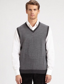 Add instant style with this herringbone-knit layer with bold contrast trim.V-neckSleevelessContrast ribbed details at collar, arm openings and hemMerino woolDry cleanImported Add instant style with this herringbone-knit layer with bold contrast trim.V-neckSleevelessContrast ribbed details at collar, arm openings and hemMerino woolDry cleanImported