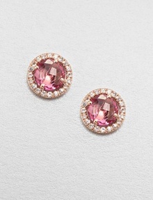 Faceted round pink topaz stones surrounded by dazzling white sapphires set in 14k rose gold. Pink topazWhite sapphire14k rose goldSize, about .3 Post backMade in USA Faceted round pink topaz stones surrounded by dazzling white sapphires set in 14k rose gold. Pink topazWhite sapphire14k rose goldSize, about .3 Post backMade in USA