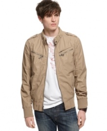 Add a touch of cool to your casual collection with this edgy chino jacket from Guess. Add a touch of cool to your casual collection with this edgy chino jacket from Guess.
