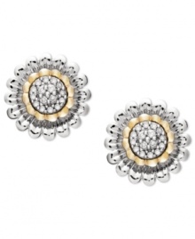 Subtle stunners. These flower-shaped stud earrings add the perfect touch with sparkling round-cut diamonds (1/5 ct. t.w.) and a chic sterling silver and 14k gold setting. Approximate diameter: 7/8 inch. Subtle stunners. These flower-shaped stud earrings add the perfect touch with sparkling round-cut diamonds (1/5 ct. t.w.) and a chic sterling silver and 14k gold setting. Approximate diameter: 7/8 inch.