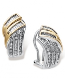 Sparkling elegance. These chic omega-back earrings shine with rows of round-cut diamonds (1/2 ct. t.w.) set in sterling silver with 14k gold accents. Approximate drop: 3/4 inch.