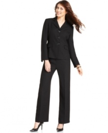 A classic black suit will always be in style. This tailored version from Le Suit features a menswear-inspired three-button closure in front. A classic black suit will always be in style. This tailored version from Le Suit features a menswear-inspired three-button closure in front.