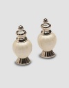 Sand-cast aluminum is handcrafted with artful scallops modeled after peony flower petals, then finished in a trademark blend of enamel and crushed mother of pearl. Set of 2 Engraved signature Each, 4 high Hand wash Made in India 