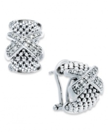 X marks the spot. These chic half-hoop earrings come in sterling silver mesh with a diamond-accented (1/8 ct. t.w.) cross. Approximate diameter: 1/2 inch. X marks the spot. These chic half-hoop earrings come in sterling silver mesh with a diamond-accented (1/8 ct. t.w.) cross. Approximate diameter: 1/2 inch.