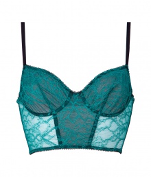 Turn up the heat with this retro-inspired lace underwire corslette bra from Kiki de Montparnasse - Delicate emerald floral lace with black underlay, underwire, soft cups, black adjustable straps, hook and eye closures, boned, sheer side panels - Perfect under evening dresses or with matching panties for stylish lounging Turn up the heat with this retro-inspired lace underwire corslette bra from Kiki de Montparnasse - Delicate emerald floral lace with black underlay, underwire, soft cups, black adjustable straps, hook and eye closures, boned, sheer side panels - Perfect under evening dresses or with matching panties for stylish lounging