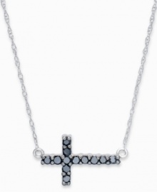 Symbolic style with a twist of modernity. This chic, sideways cross pendant features sparkling round-cut black diamonds (1/8 ct. t.w.) set in 14k white gold. Approximate length: 17 inches. Approximate drop: 1/2 inch. Symbolic style with a twist of modernity. This chic, sideways cross pendant features sparkling round-cut black diamonds (1/8 ct. t.w.) set in 14k white gold. Approximate length: 17 inches. Approximate drop: 1/2 inch.