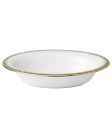 The exotic floral design of the Oberon dinnerware and dishes pattern by Wedgwood features soft shades of green and gold accented with black, against white bone china. The exotic floral design of the Oberon dinnerware and dishes pattern by Wedgwood features soft shades of green and gold accented with black, against white bone china.