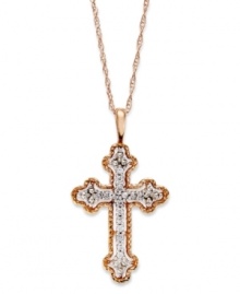 A sparkling representation of your faith. This beautiful cross pendant features round-cut diamonds (1/2 ct. t.w.) in 14k rose gold. Approximate length: 18 inches. Approximate drop: 1 inch. A sparkling representation of your faith. This beautiful cross pendant features round-cut diamonds (1/2 ct. t.w.) in 14k rose gold. Approximate length: 18 inches. Approximate drop: 1 inch.