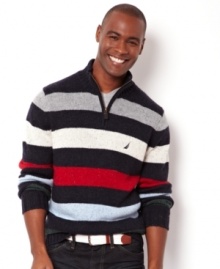 Relax and unwind in this multicolor horizontal stripe pullover sweater by Nautica. Relax and unwind in this multicolor horizontal stripe pullover sweater by Nautica.