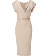 Sophisticated camel cap sleeve draped dress with skinny belt - Look sexy and polished in this perfectly tailored dress - Style with opaque stockings and stilettos for a classically sexy look - Try with textured tights and simple black pumps