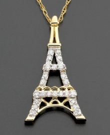 An icon of sophistication: this Eiffel Tower diamond pendant features round-cut diamonds (1/10 ct. t.w.) set in 14k gold. The chain of this diamond necklace measures 17-1/2 inches; drop measures 3/4 inch. An icon of sophistication: this Eiffel Tower diamond pendant features round-cut diamonds (1/10 ct. t.w.) set in 14k gold. The chain of this diamond necklace measures 17-1/2 inches; drop measures 3/4 inch.