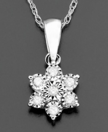 A gorgeous arrangement of round-cut diamonds (1/10 ct. t.w.) set in lustrous 14k white gold. Approximate necklace length: 18 inches. Approximate drop: 1/2 inch. A gorgeous arrangement of round-cut diamonds (1/10 ct. t.w.) set in lustrous 14k white gold. Approximate necklace length: 18 inches. Approximate drop: 1/2 inch.