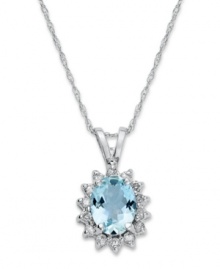Royally stunning. This gorgeous pendant necklace features an oval-cut aquamarine (1-1/10 ct. t.w.) surrounded by a halo of round-cut diamonds (1/10 ct. t.w.). Crafted in 14k white gold. Approximate length: 18 inches. Approximate drop: 3/4 inch. Royally stunning. This gorgeous pendant necklace features an oval-cut aquamarine (1-1/10 ct. t.w.) surrounded by a halo of round-cut diamonds (1/10 ct. t.w.). Crafted in 14k white gold. Approximate length: 18 inches. Approximate drop: 3/4 inch.