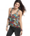 Floral print wears like awesome pop art on this tiered and zippered top from Material Girl!